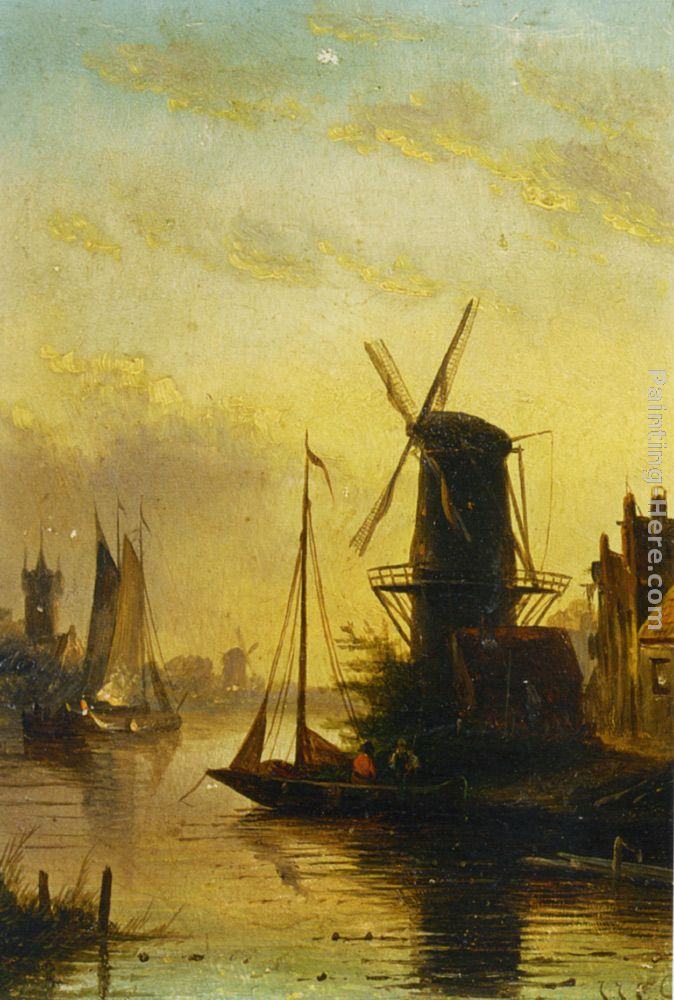 Jan Jacob Coenraad Spohler A Summer Landscape with a Windmill at Sunset